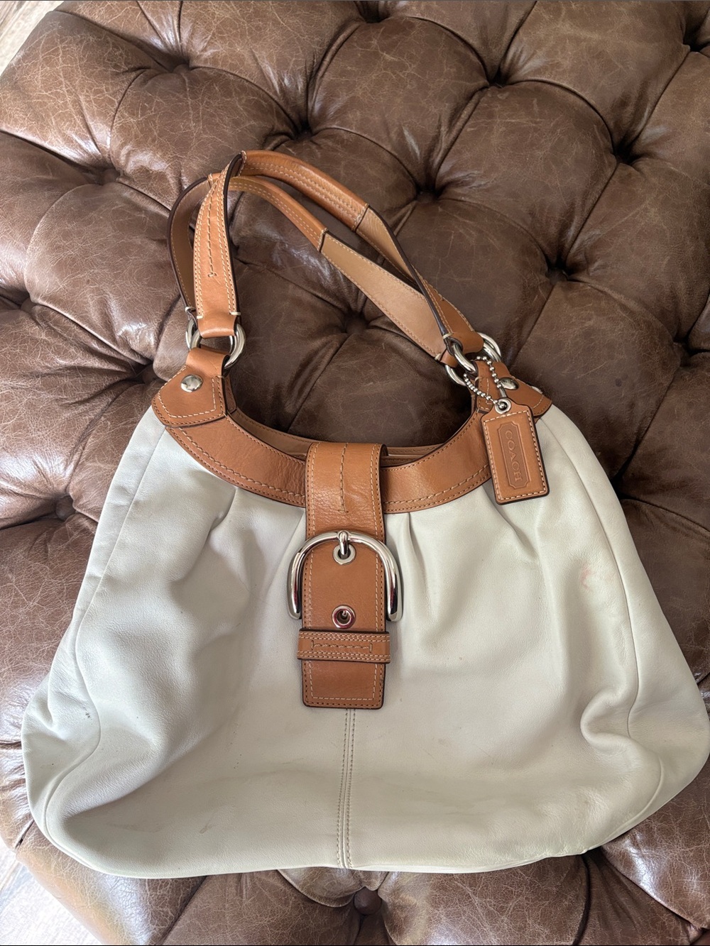 Coach Cream Leather Hobo with Tan Trim and Buckle